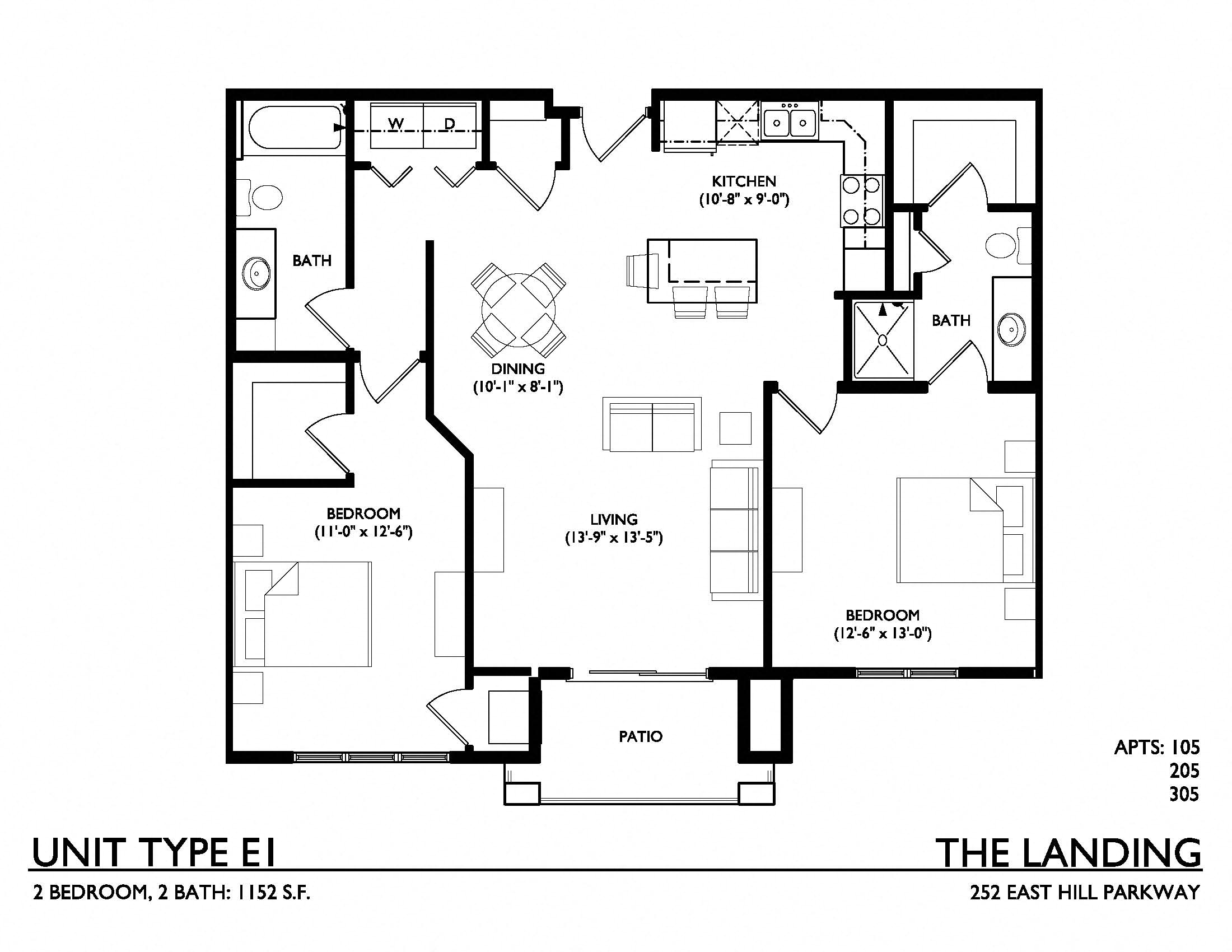 Floor plan for 2 beds, 2 baths, 1152 sqft